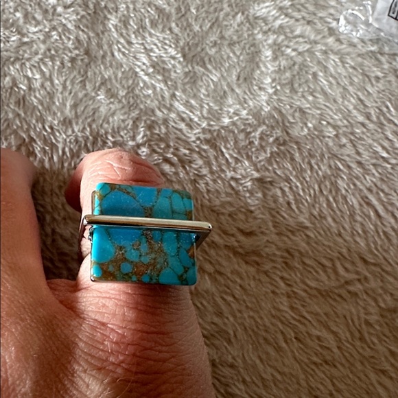 Square Turquoise Stone Ring with Silver. Sz 6 - Picture 4 of 5